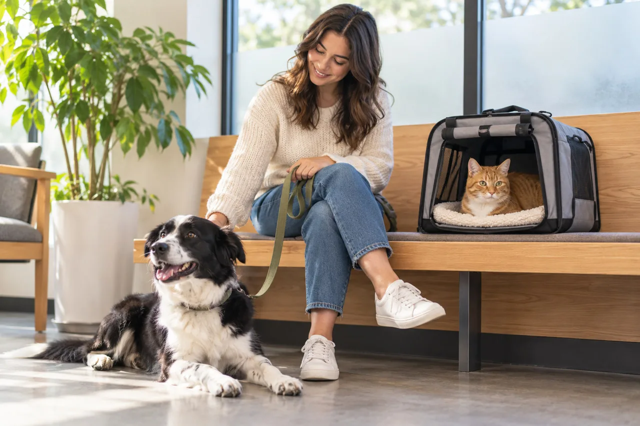 Owner in a veterinary waiting room with a black-and-white dog and an orange cat in a carrier