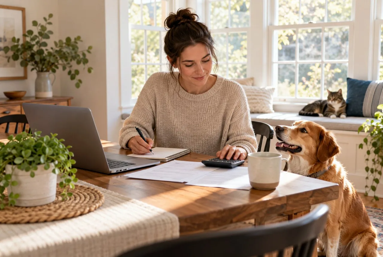 Owner working with documents at a table with a dog and a cat nearby
